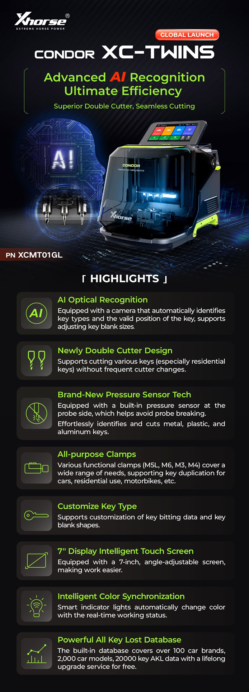 Xhorse CONDOR XC-TWINS Key Cutting Machine XCMT01GL AI Optical Recognition - XhorseGlobal