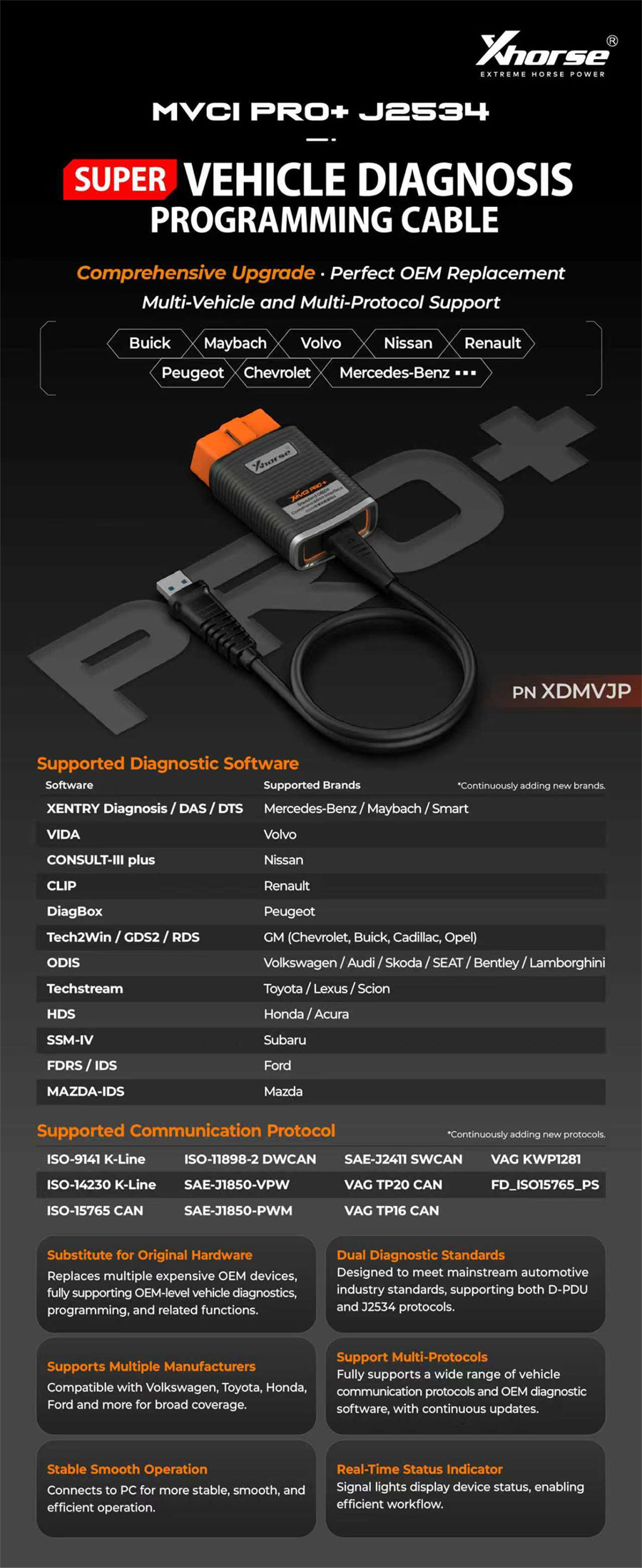 Xhorse MVCI PRO+ J2534 Super Vehicle Diagnosis Programming Cable - XhorseGlobal